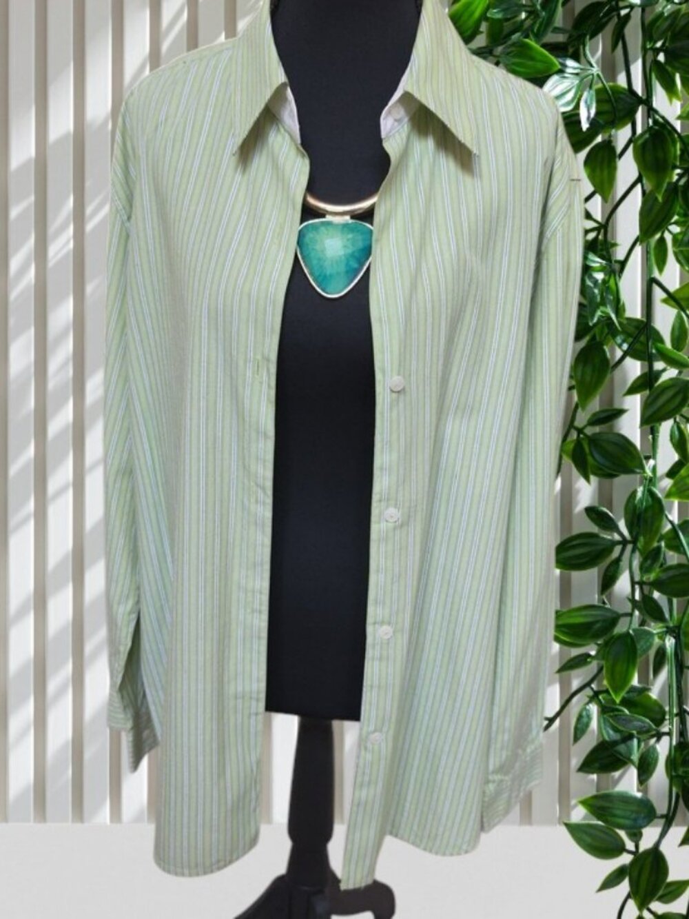 Liz Claiborne Womans Tailored Long Sleeve Green & White Striped Shirt ✨Size: L✨